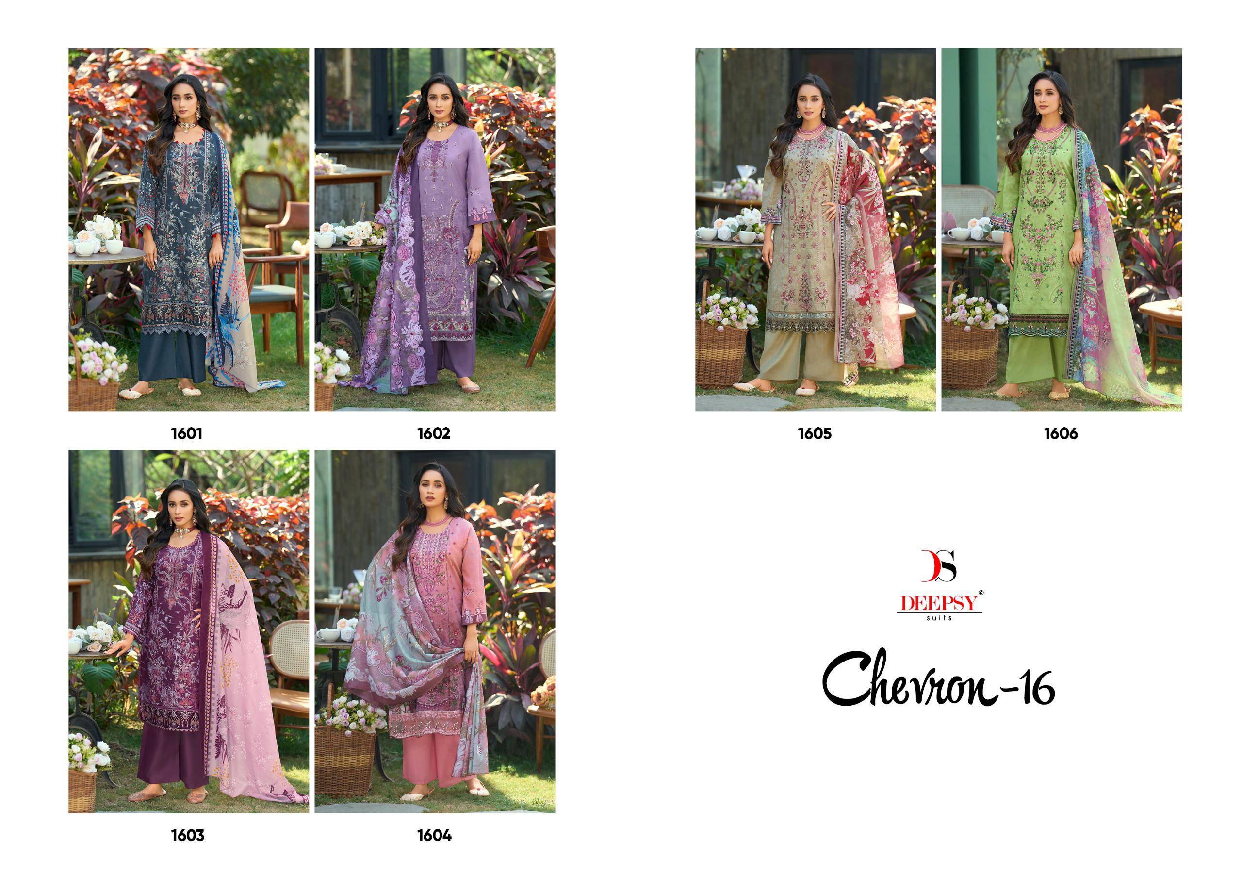 Chevron Vol 16 BY DEEPSY SUITS 1601 TO 1606 SERIES Pakistani Stylish Beautiful Colourful Printed & Embroidered Party Wear & Occasional Wear Pure cotton Dresses At Wholesale Price