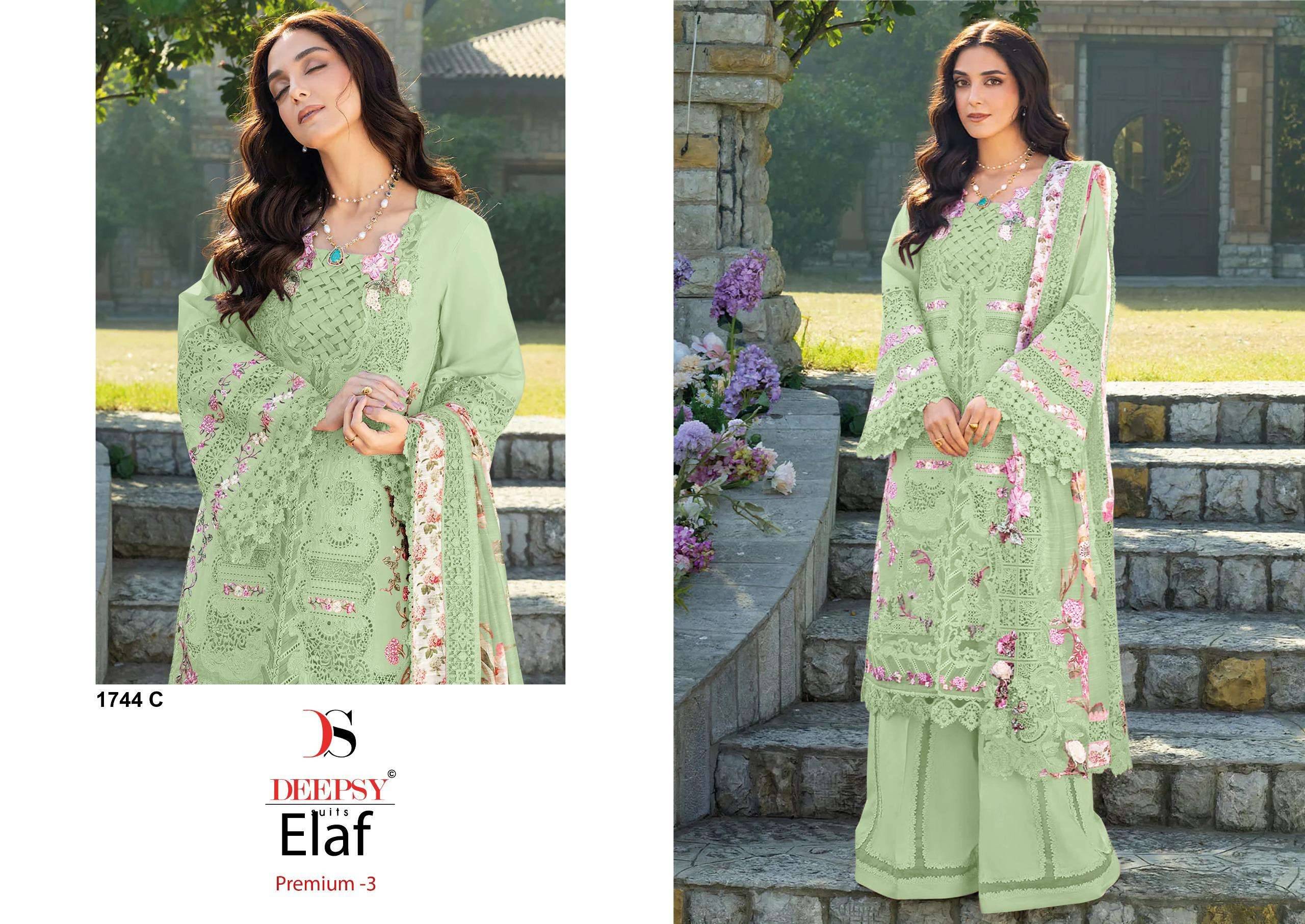 ELAF Premium-3 Luxury Lawn 1744 colors BY DEEPSY SUITS 1001 TO 1006 SERIES Pakistani Stylish Beautiful Colourful Printed & Embroidered Party Wear & Occasional Wear chiffon Dresses At Wholesale Price