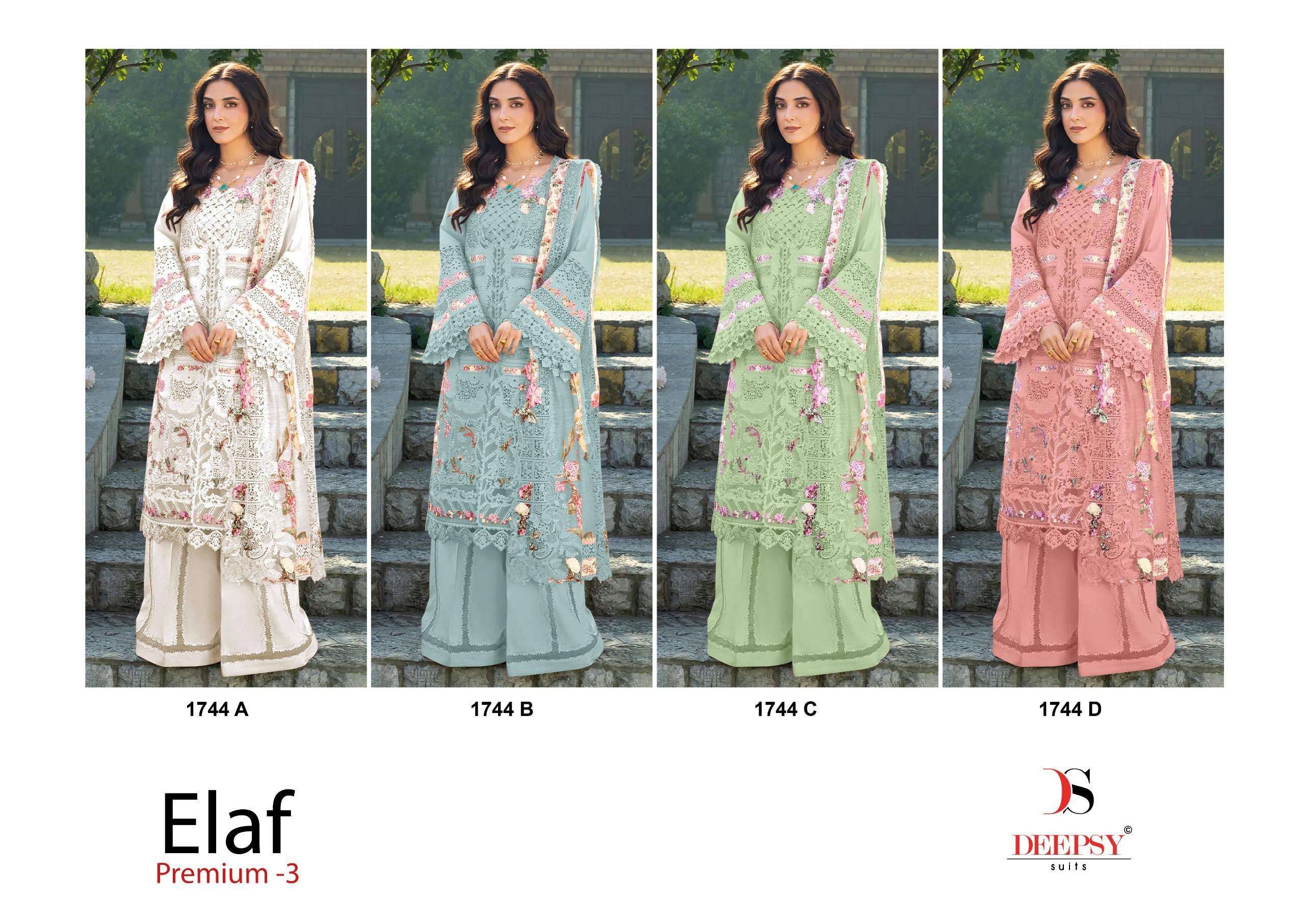 ELAF Premium-3 Luxury Lawn 1744 colors BY DEEPSY SUITS 1001 TO 1006 SERIES Pakistani Stylish Beautiful Colourful Printed & Embroidered Party Wear & Occasional Wear chiffon Dresses At Wholesale Price