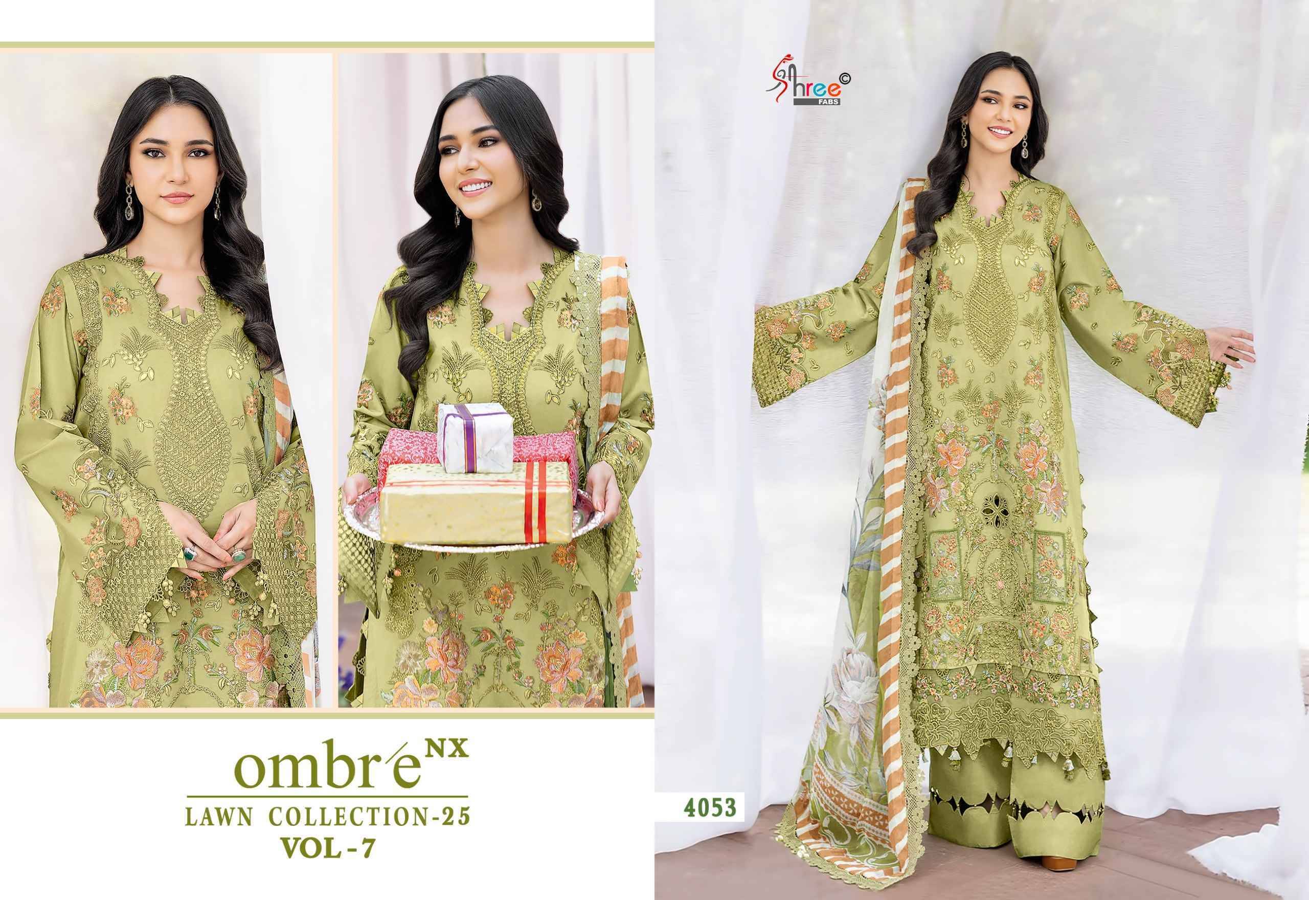 Ombre Nx Lawn Collection 25 Vol 7 By shree fabs 4051 TO 4056 SERIES Pakistani Stylish Beautiful Colourful Printed & Embroidered Party Wear & Occasional Wear cotton Dresses At Wholesale Price