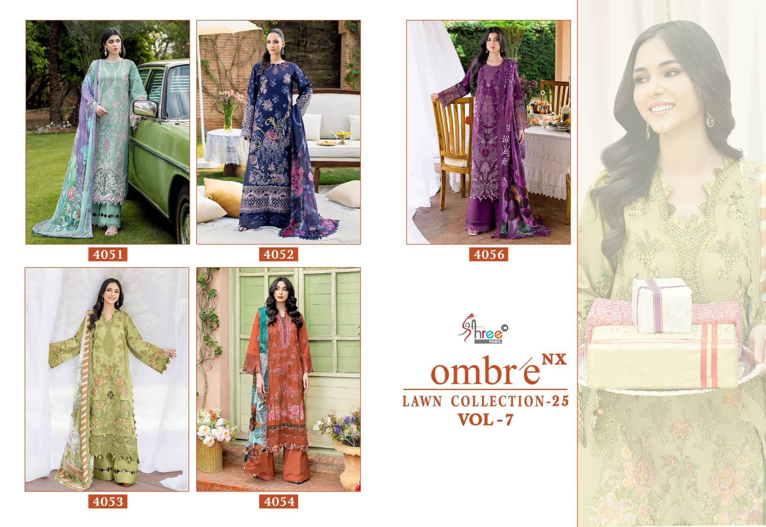 Ombre Nx Lawn Collection 25 Vol 7 By shree fabs 4051 TO 4056 SERIES Pakistani Stylish Beautiful Colourful Printed & Embroidered Party Wear & Occasional Wear cotton Dresses At Wholesale Price