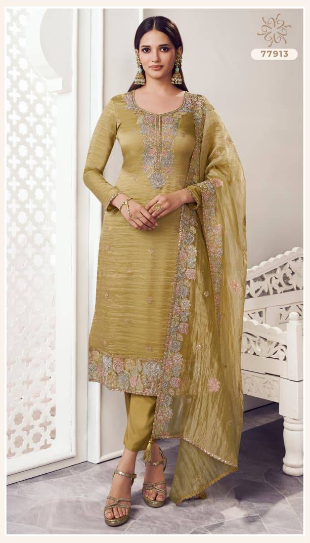 KULEESH - POSHAK by by vinay fashion 77911 To 77914 Designer Festive Suits Collection Beautiful Stylish Fancy Colorful Party Wear & Occasional Wear EMBROIDERED SOFT GOLD SILK Dresses At Wholesale Price
