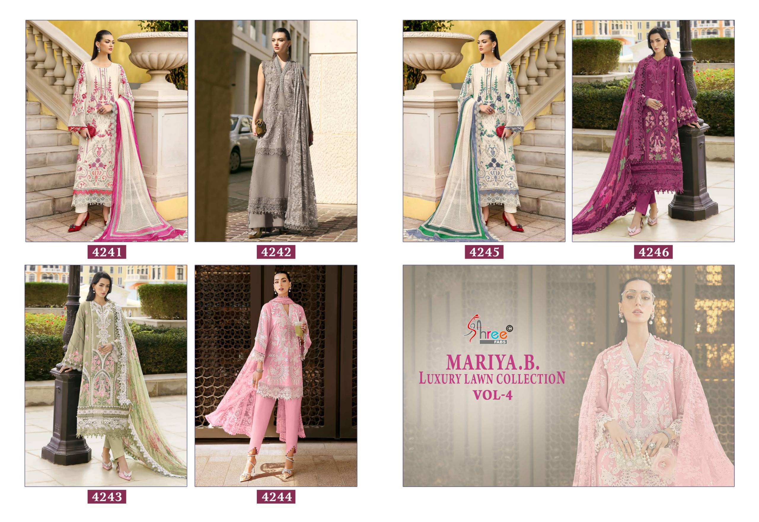 MARIYA B LUXURY LAWN COLLECTION VOL-4 by Shree fabs 4241 TO 4246 SERIES Pakistani Stylish Embroidered pure cotton COLLECTION At Wholesale Price