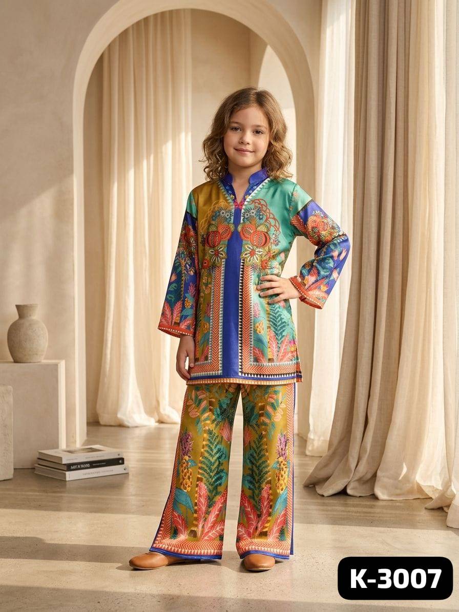 K-3020 series by The wonder woman Imported Mal Satin kids stitched dresses at Wholesale Price