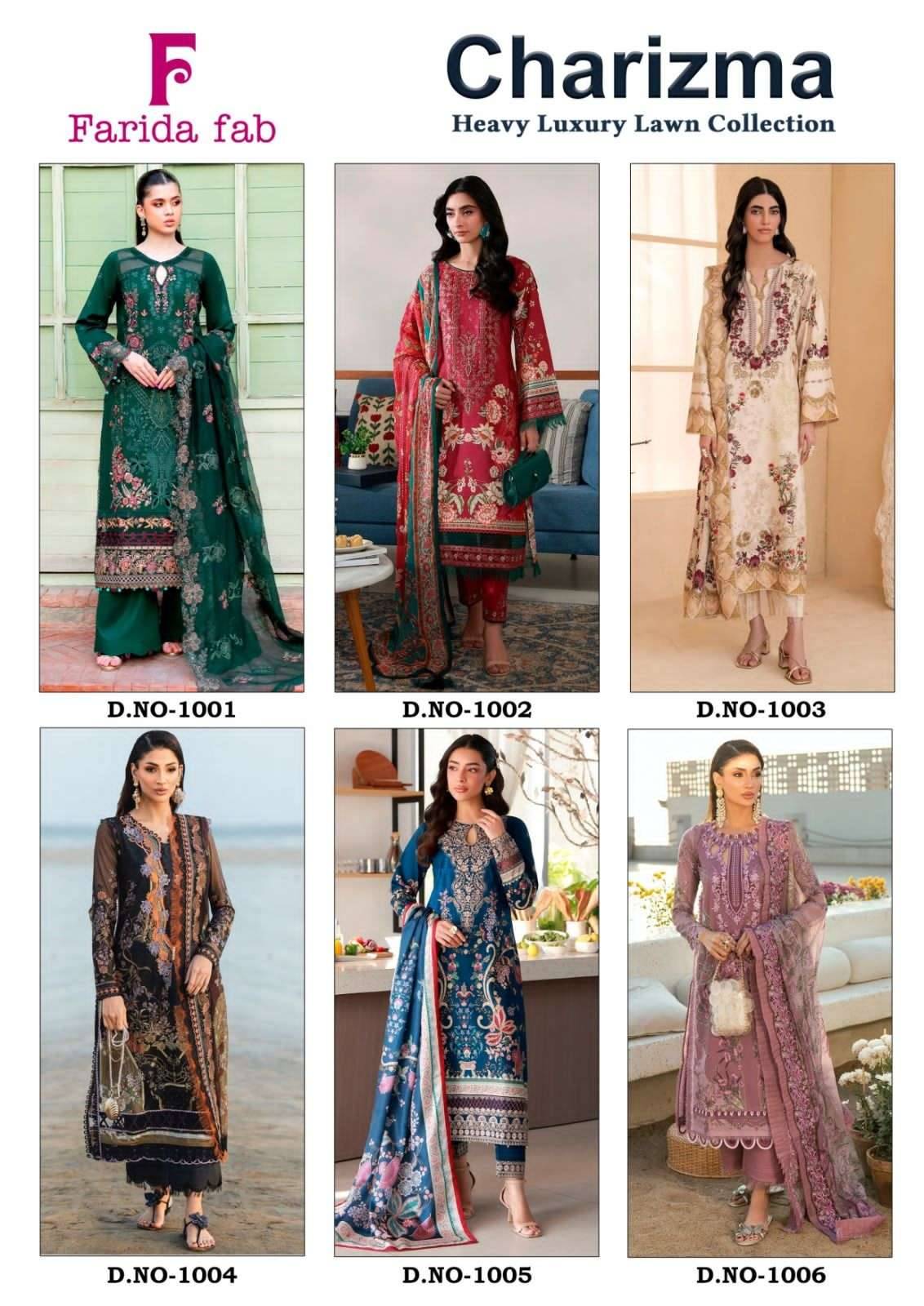 Charizma by FARIDA FAB 1001 to 1006 series Pakistani Suits Colorful casual Wear cotton Readymade Dresses At Wholesale