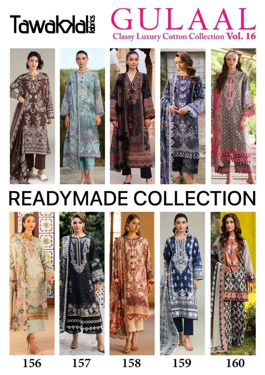 Gulaal classy luxury cotton vol 16 by TAWAKKAL FABRICS 151 to 160 series Pakistani Suits Colorful casual Wear cotton Readymade Dresses At Wholesale