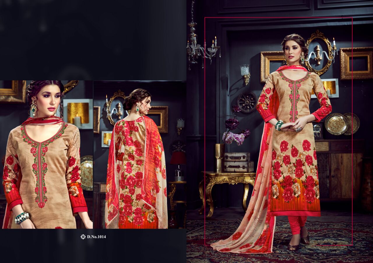 Ishika By M.pankaj Fashion 1013 To 1022 Series Beautiful Stylish Designer Printed And Embroidered Party Wear Cotton Satin Dresses At Wholesale Price