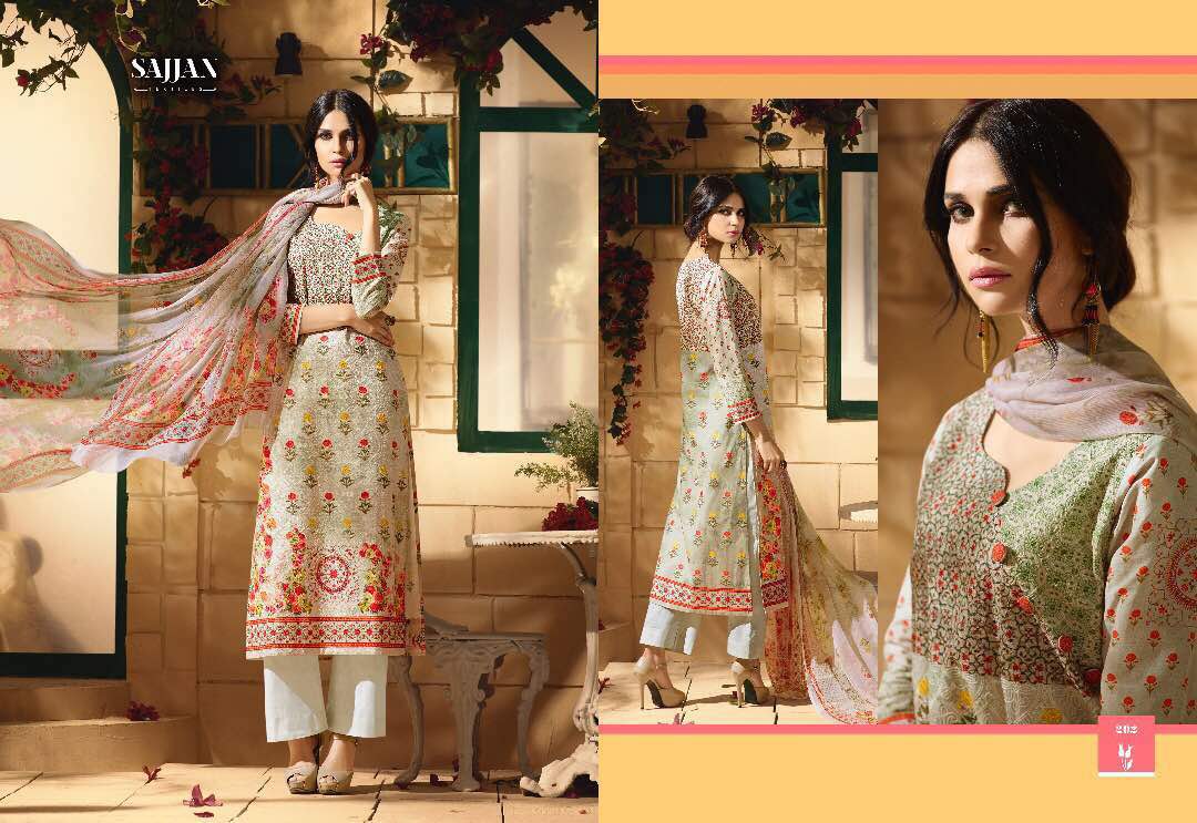 Saira 201 To 208 Series By Sajjan Beautiful Embroidered Colourful Stylish Fancy Pretty Party Wear Casual Wear Occasional Wear Printed Lawn Cotton Dresses At Wholesale Price