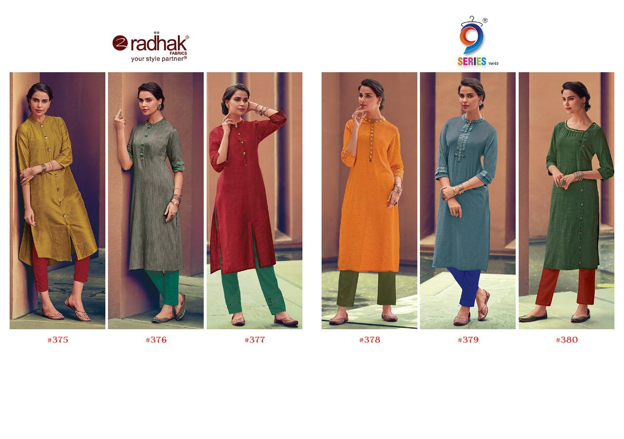 9 Series Vol-3 By Radhak Fashion 375 To 380 Series Beautiful Stylish Fancy Colorful Casual Wear & Ethnic Wear & Ready To Wear Silk Slub/ Silk Rayon Printed Kurtis At Wholesale Price