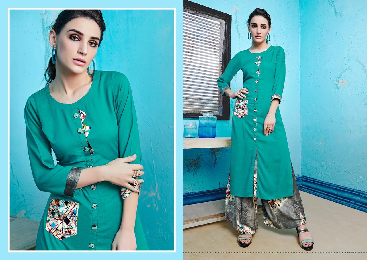 Baleno Vol 5 By Kaamiri 5001 To 5008 Series Stylish Colorful Fancy Beautiful Casual Wear & Ethnic Wear Rayon Printed Kurtis & Palazzo At Wholesale Price