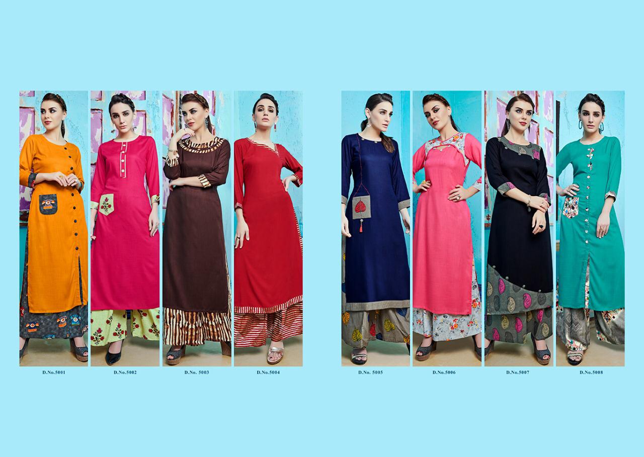 Baleno Vol 5 By Kaamiri 5001 To 5008 Series Stylish Colorful Fancy Beautiful Casual Wear & Ethnic Wear Rayon Printed Kurtis & Palazzo At Wholesale Price