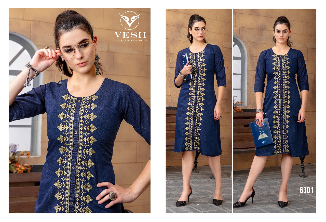 Denim By Vesh 6301 To 6308 Series Indian Traditional Wear Collection Beautiful Stylish Fancy Colorful Party Wear & Occasional Wear Cotton Embroidered Kurtis At Wholesale Price