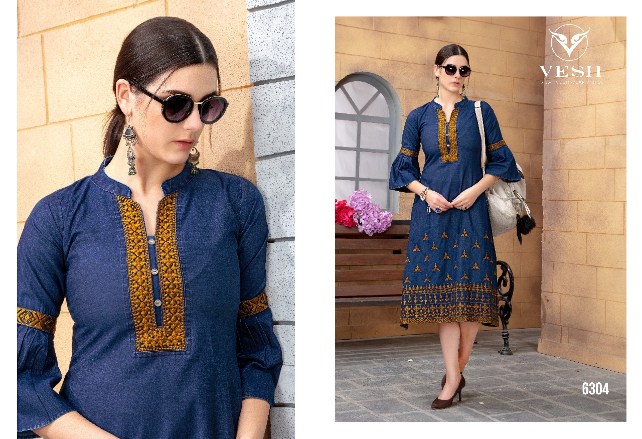 Denim By Vesh 6301 To 6308 Series Indian Traditional Wear Collection Beautiful Stylish Fancy Colorful Party Wear & Occasional Wear Cotton Embroidered Kurtis At Wholesale Price