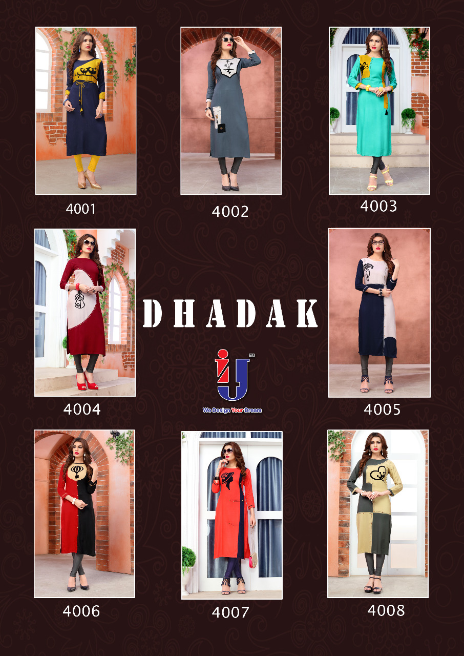 Dhadak By I4u 4001 To 4008 Series Beautiful Stylish Fancy Colorful Casual Wear & Ethnic Wear & Ready To Wear Rayon With Work Kurtis At Wholesale Price