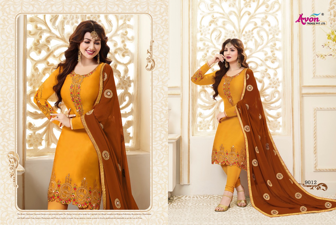Fashionista Vol-6 By Avon Trendz 9011 To 9017 Series Beautiful Designer Embroidered Suits Colorful Fancy Party Wear & Occasional Wear Stin Silk Georgette Dresses At Wholesale Price