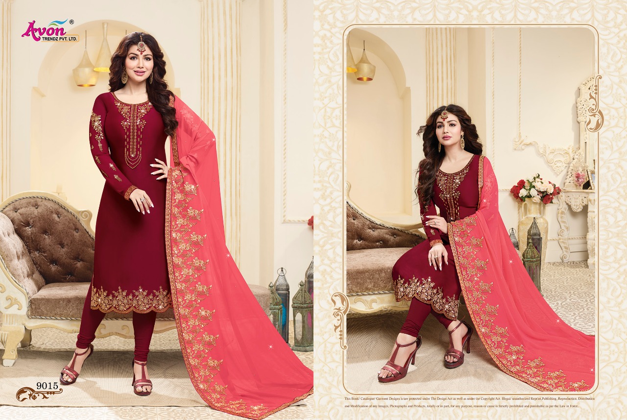 Fashionista Vol-6 By Avon Trendz 9011 To 9017 Series Beautiful Designer Embroidered Suits Colorful Fancy Party Wear & Occasional Wear Stin Silk Georgette Dresses At Wholesale Price
