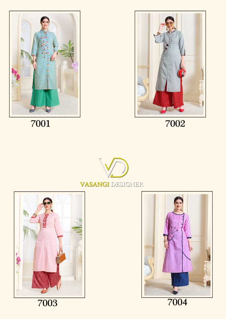 Look By Vasangi Designer 7001 To 7004 Series Stylish Fancy Beautiful Colorful Casual Wear & Ethnic Wear Rayon/south Cotton/palazzo/ Maya Slub Print Kurtis At Wholesale Price