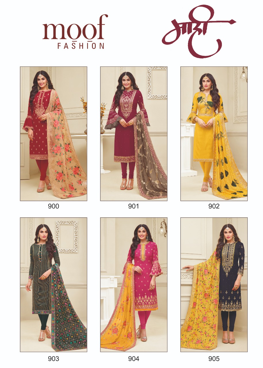 Mahi By Moof Collection 900 To 905 Series Beautiful Suits Colorful Stylish Fancy Colorful Casual Wear & Ethnic Wear Satin Georgette With Heavy Embroidery Work  Dresses At Wholesale Price