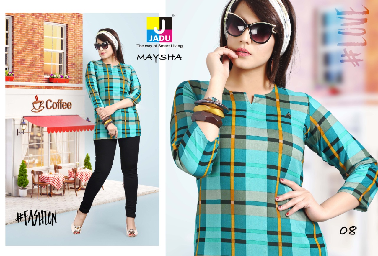 Maysha By Jadu 01 To 10 Series Beautiful Stylish Colorful Fancy Party Wear & Ethnic Wear & Ready To Wear Rayon Printed Kurtis At Wholesale Price