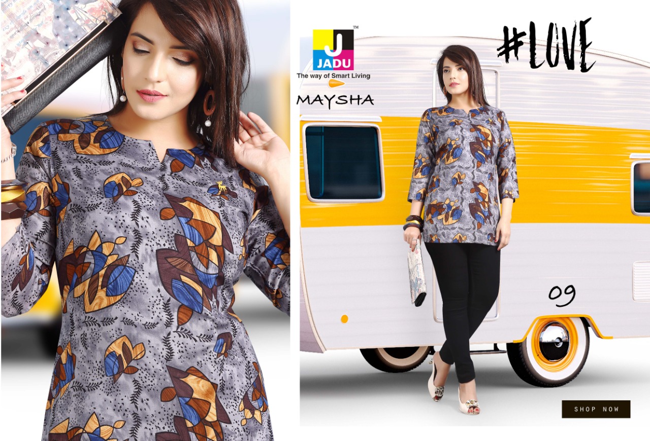 Maysha By Jadu 01 To 10 Series Beautiful Stylish Colorful Fancy Party Wear & Ethnic Wear & Ready To Wear Rayon Printed Kurtis At Wholesale Price