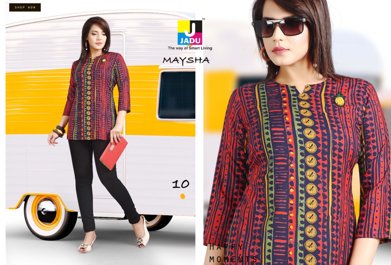 Maysha By Jadu 01 To 10 Series Beautiful Stylish Colorful Fancy Party Wear & Ethnic Wear & Ready To Wear Rayon Printed Kurtis At Wholesale Price
