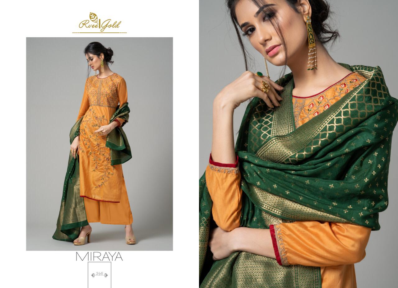 Miraya By Rvee Gold By 340 To 347 Series Beautiful Winter Suits Stylish Fancy Colorful Winter Wear & Ethnic Wear Pure Chanderi Embroidered Dresses At Wholesale Price