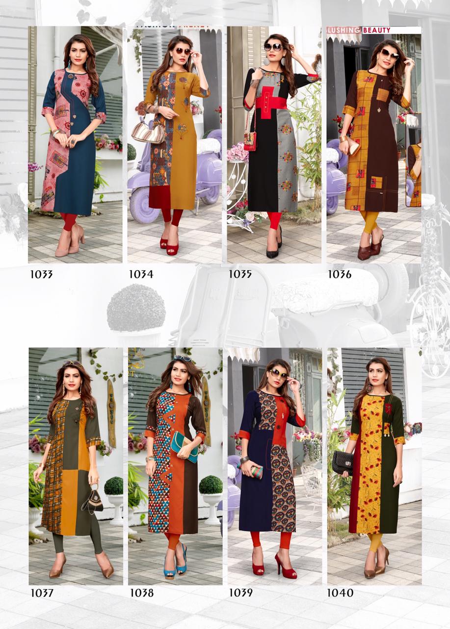 Nari Vol-5 By Rt 1033 To 1040 Series Beautiful Colorful Stylish Fancy Casual Wear & Ethnic Wear & Ready To Wear Rayon Printed Kurtis At Wholesale Price