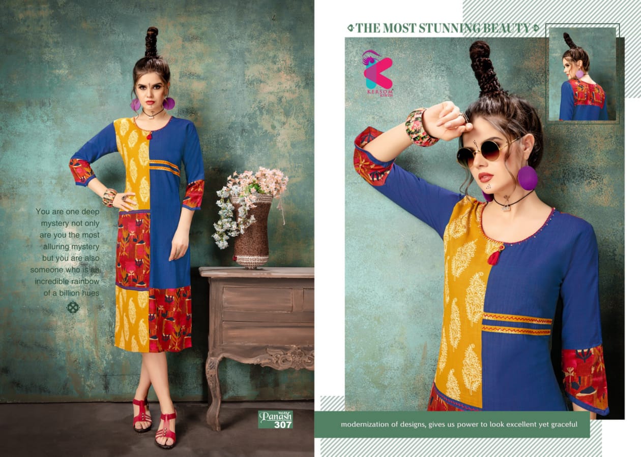 Panash Vol-3 By Kersom 301 To 308 Series Beautiful Colorful Stylish Fancy Casual Wear & Ethnic Wear & Ready To Wear Heavy Rayon Kurtis At Wholesale Price