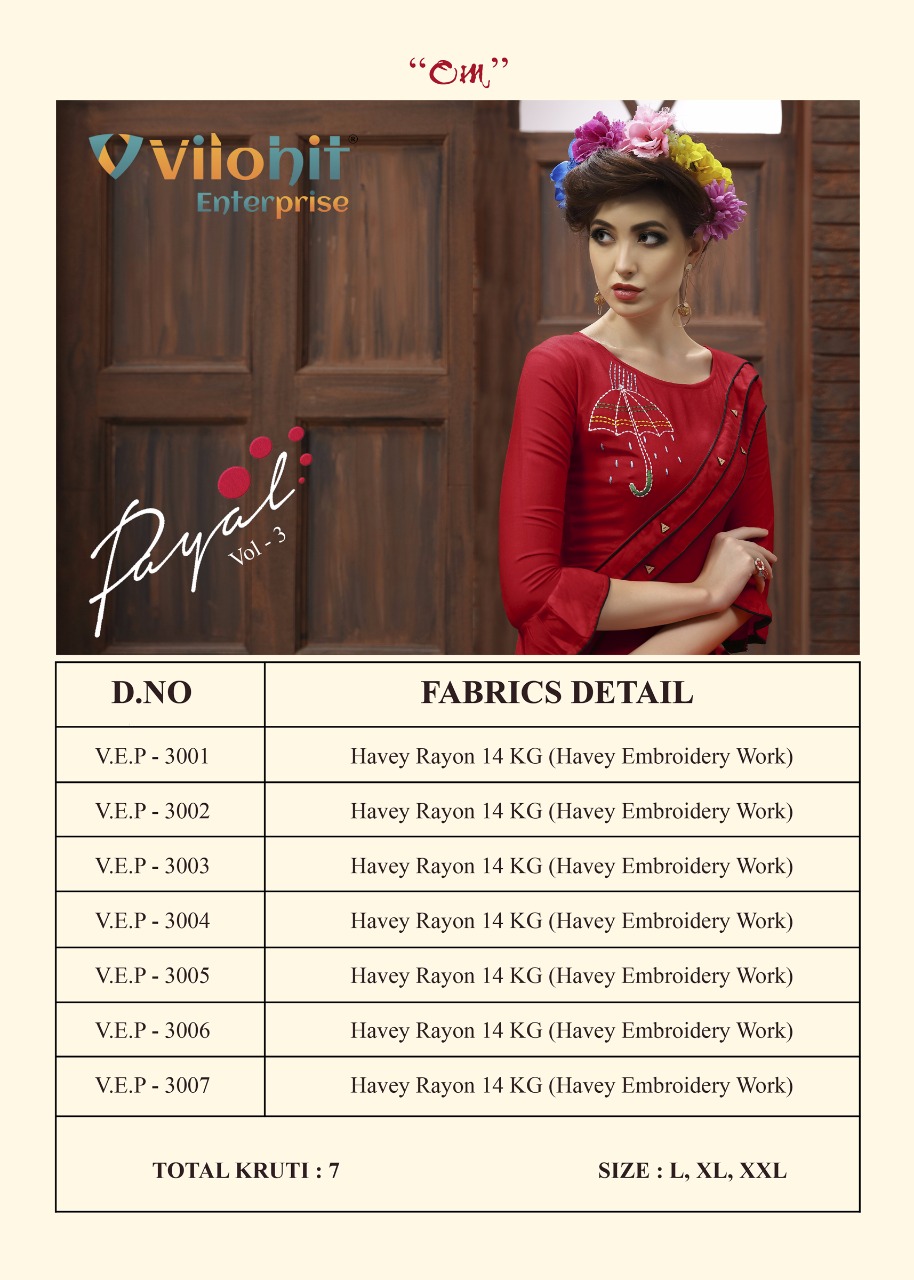 Payal Vol-3 By Vilohit Enterprise 3001 To 3007 Series Indian Traditional Wear Collection Beautiful Stylish Fancy Colorful Party Wear & Occasional Wear Heavy Embroidered Kurtis At Wholesale Price