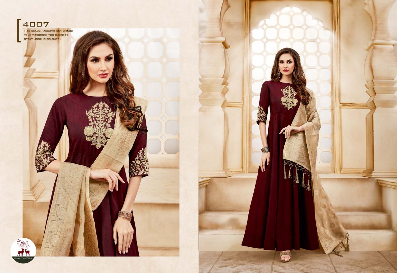 Swarna By Mrigya 4007 To 4012 Series Beautiful Stylish Fancy Colorful Party Wear & Ethnic Wear Handloom Fabric Long Slub Embroidered Kurtis And Banarasi Jacquard Dupatta With Lace At Wholesale Price