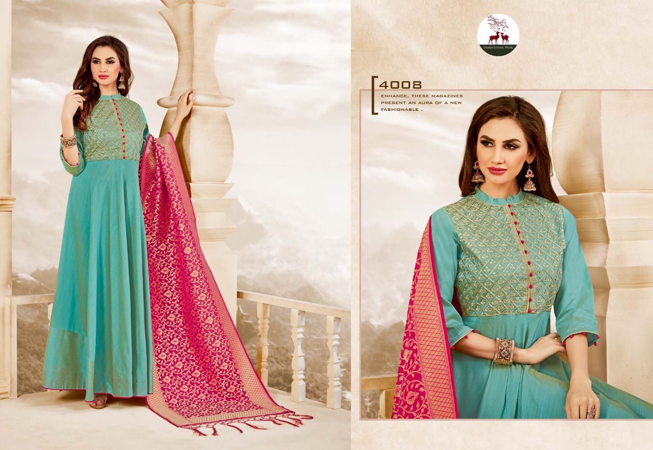 Swarna By Mrigya 4007 To 4012 Series Beautiful Stylish Fancy Colorful Party Wear & Ethnic Wear Handloom Fabric Long Slub Embroidered Kurtis And Banarasi Jacquard Dupatta With Lace At Wholesale Price