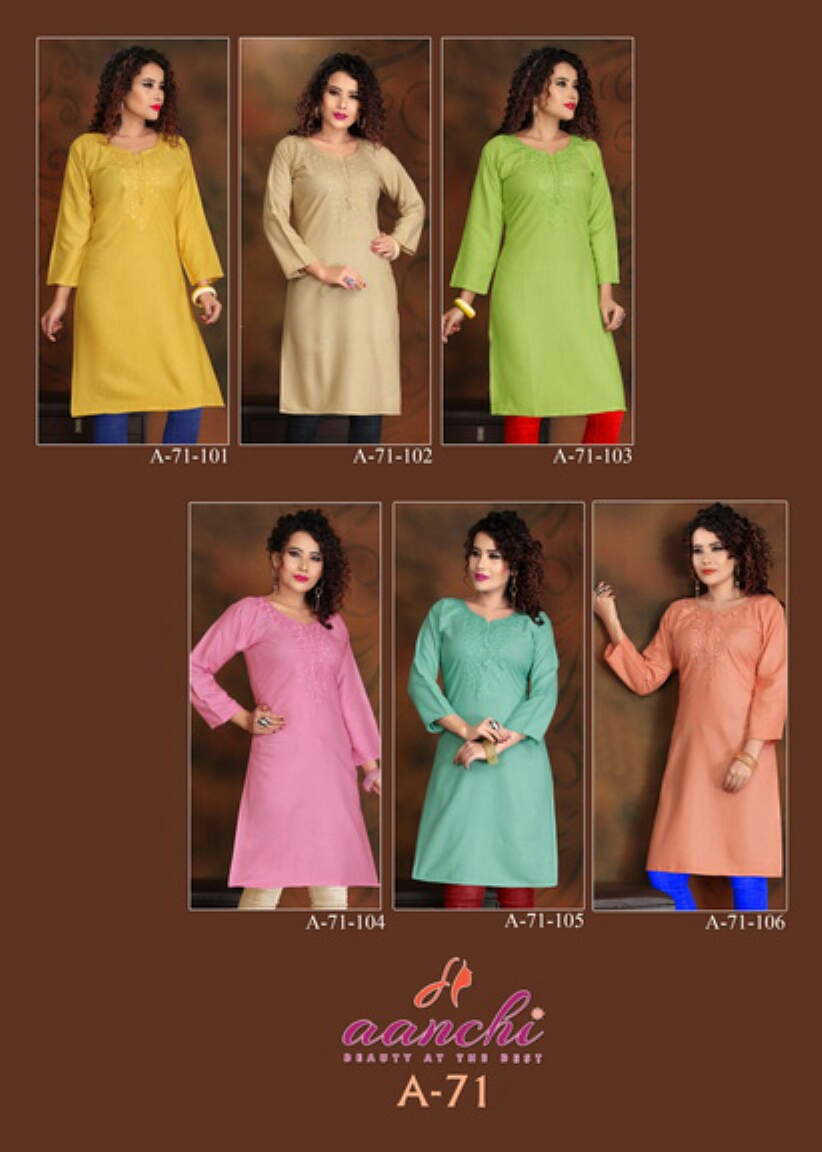 A-71 By Aanchi 101 To 106 Series Stylish Colorful Fancy Beautiful Casual Wear & Ethnic Wear Collection Rayon Printed Kurtis At Wholesale Price