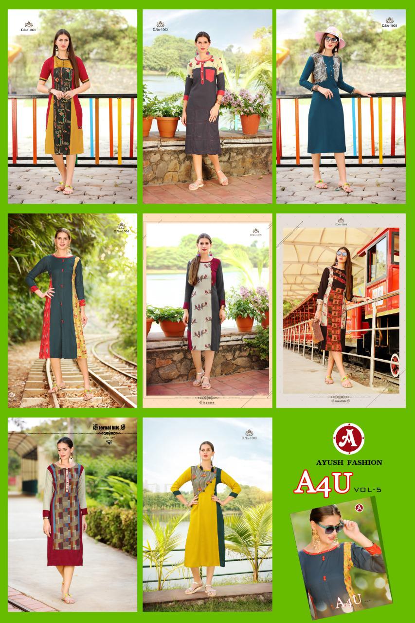 A4u Vol-5 By Ayush Fashion 1001 To 1008 Series Beautiful Stylish Fancy Colorful Casual Wear & Ethnic Wear & Ready To Wear Rayon Printed Kurtis At Wholesale Price