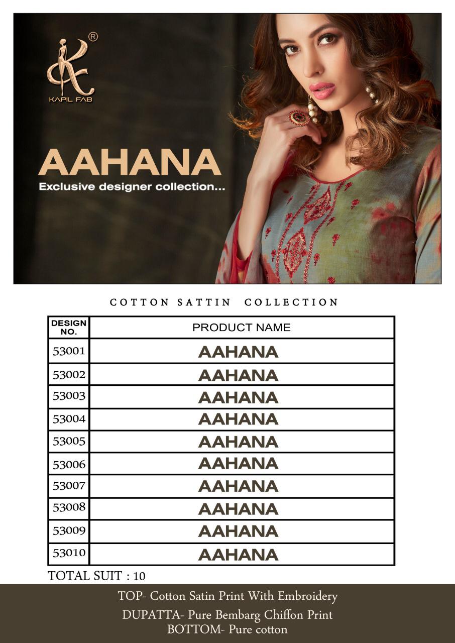 Aahana By Kapil Fab 53001 To 53010 Series Beautiful Suits Stylish Fancy Colorful Casual Wear & Ethnic Wear Collection Cotton Satin Print Embroidery Dresses At Wholesale Price