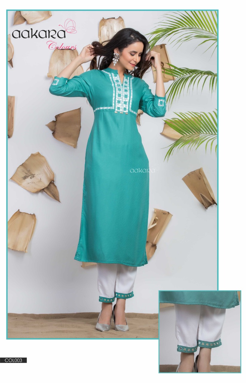 Aakra Colours By Aakra 001 To 006 Series Beautiful Colorful Stylish Fancy Casual Wear & Ethnic Wear & Ready To Wear Dyed Rayon Dobby Kurtis & Palazzo At Wholesale Price