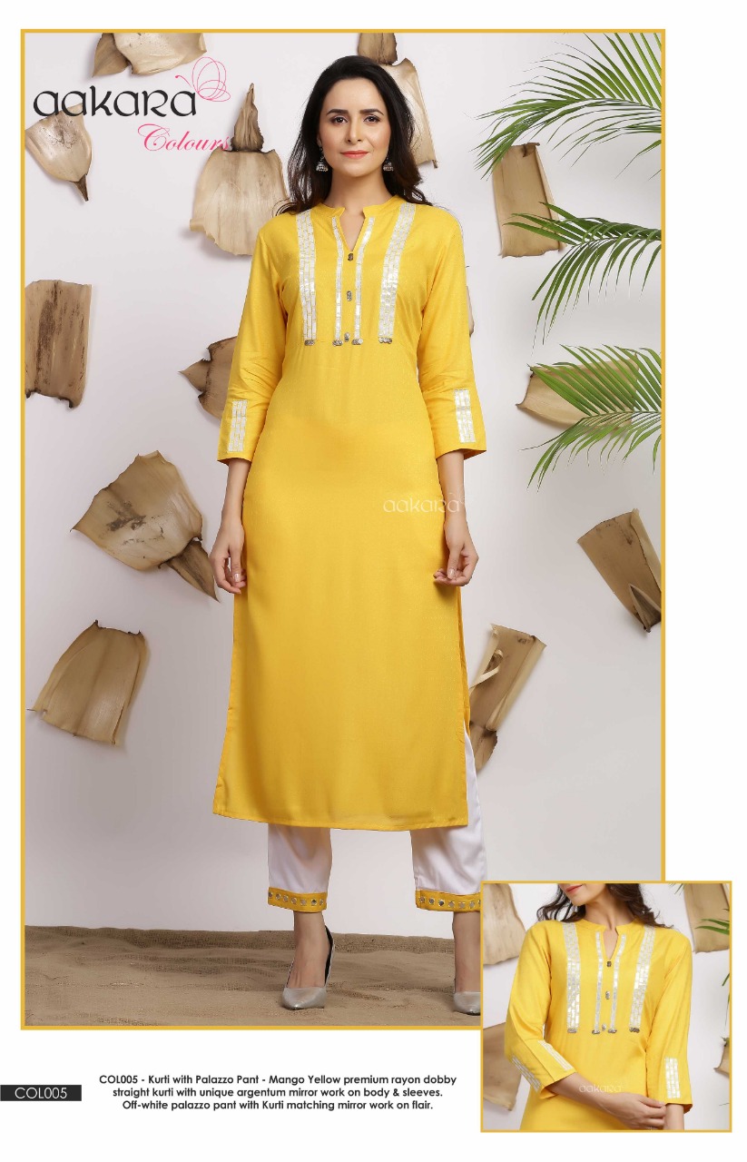 Aakra Colours By Aakra 001 To 006 Series Beautiful Colorful Stylish Fancy Casual Wear & Ethnic Wear & Ready To Wear Dyed Rayon Dobby Kurtis & Palazzo At Wholesale Price