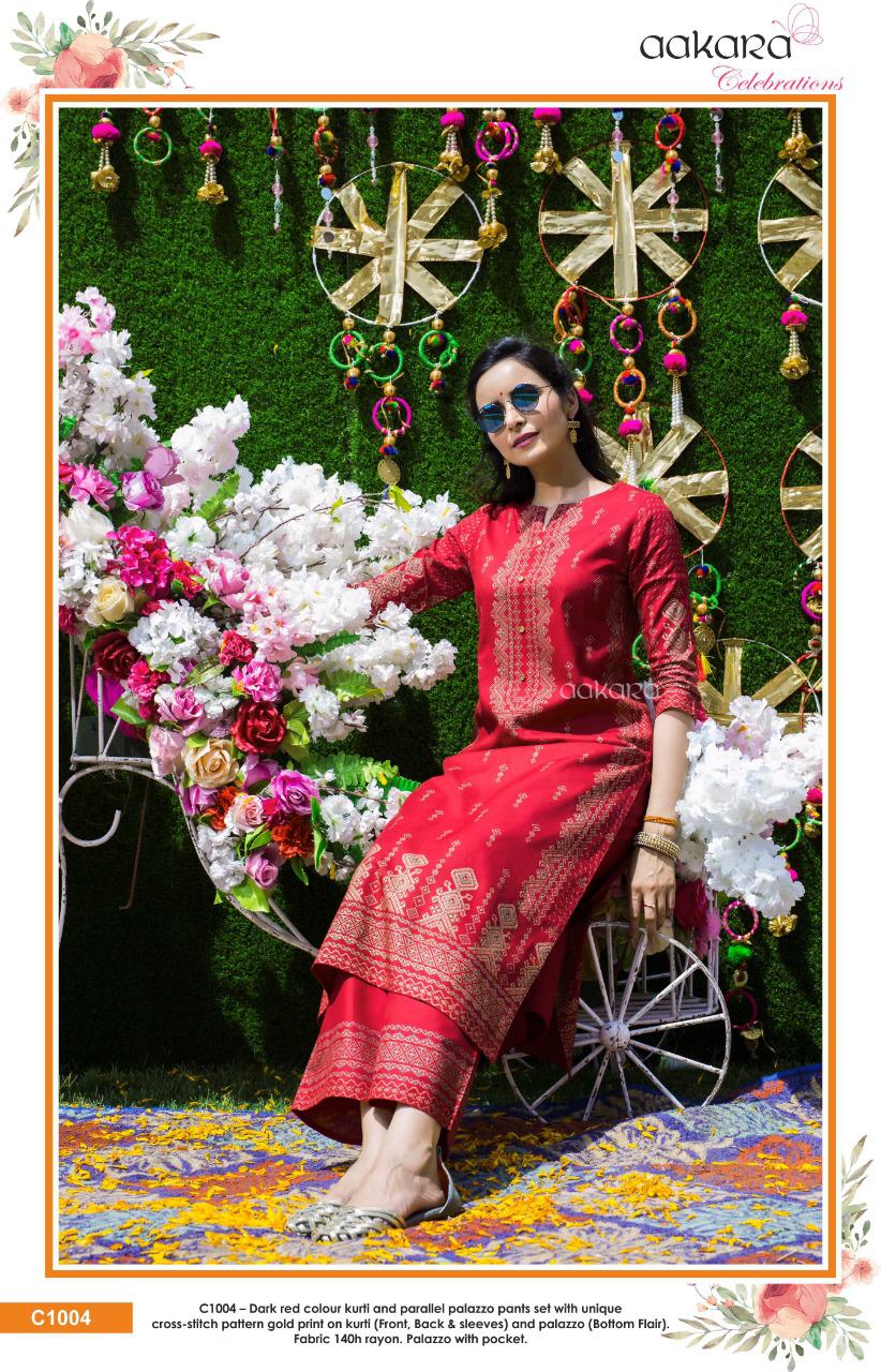 Aakra Celebration By Aakra C1001 To C1006 Series Beautiful Colorful Stylish Fancy Casual Wear & Ethnic Wear & Ready To Wear Rayon Print And Parallel Palazzo Set  Kurtis & Palazzo At Wholesale Price