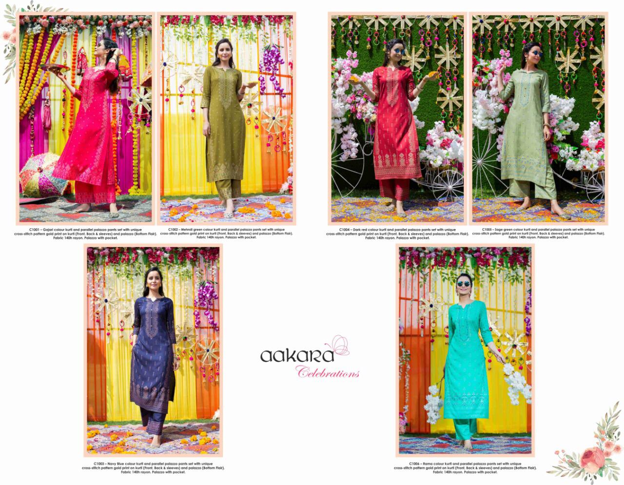 Aakra Celebration By Aakra C1001 To C1006 Series Beautiful Colorful Stylish Fancy Casual Wear & Ethnic Wear & Ready To Wear Rayon Print And Parallel Palazzo Set  Kurtis & Palazzo At Wholesale Price