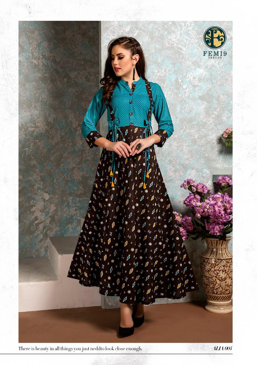 Aalia By Femi9 Trends 001 To 010 Series Beautiful Colorful Stylish Fancy Casual Wear & Ethnic Wear & Ready To Wear Heavy Rayon Printed & Embroidered Kurtis At Wholesale Price