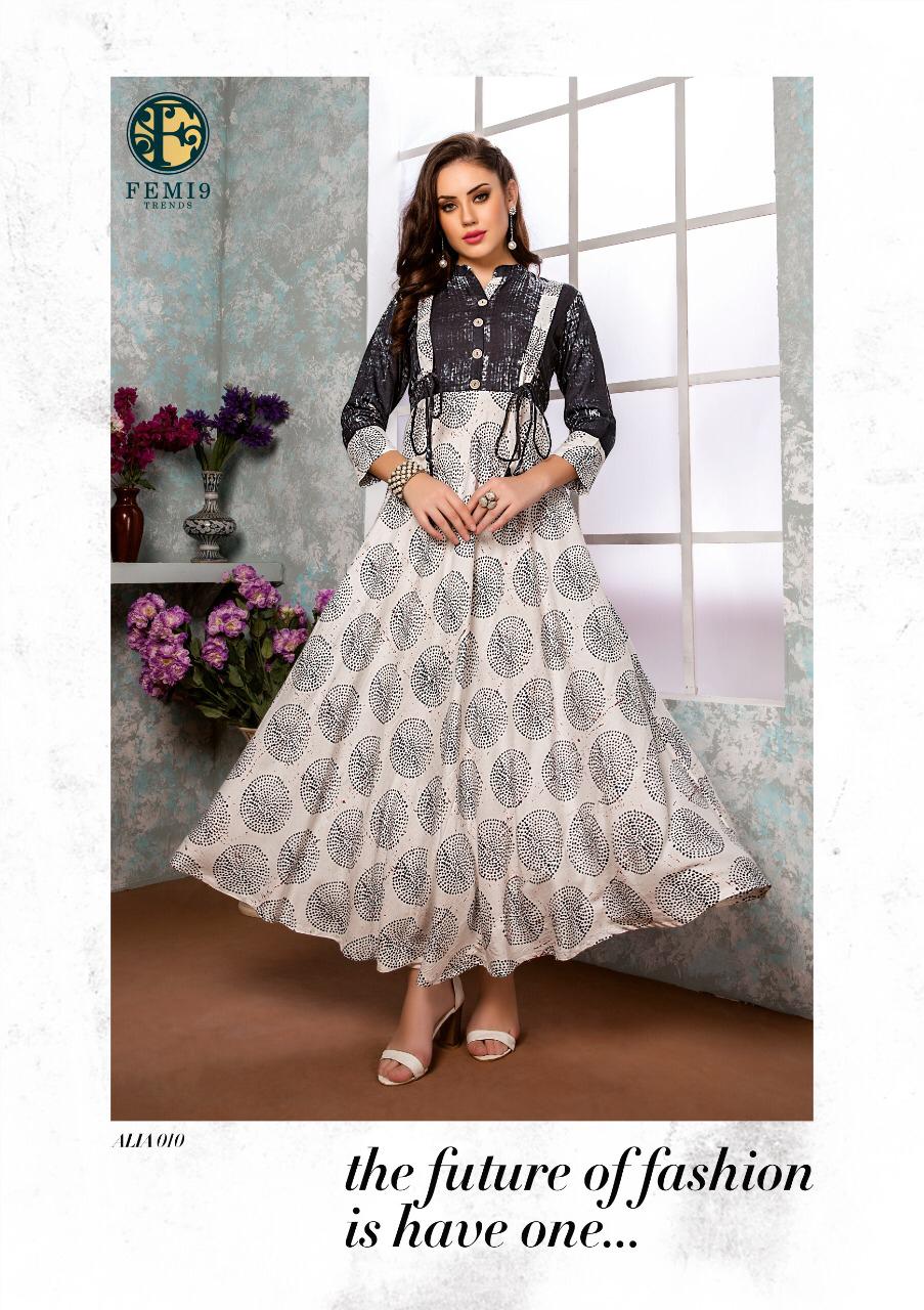 Aalia By Femi9 Trends 001 To 010 Series Beautiful Colorful Stylish Fancy Casual Wear & Ethnic Wear & Ready To Wear Heavy Rayon Printed & Embroidered Kurtis At Wholesale Price