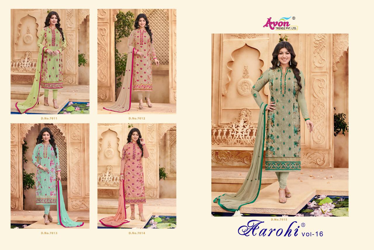 Aarohi Vol-16 By Avon Trendz 7011 To 7015 Series Beautiful Embroidered Colourful Stylish Pretty Party Wear Casual Wear Occasional Wear Georgette Printed Dresses At Wholesale Price