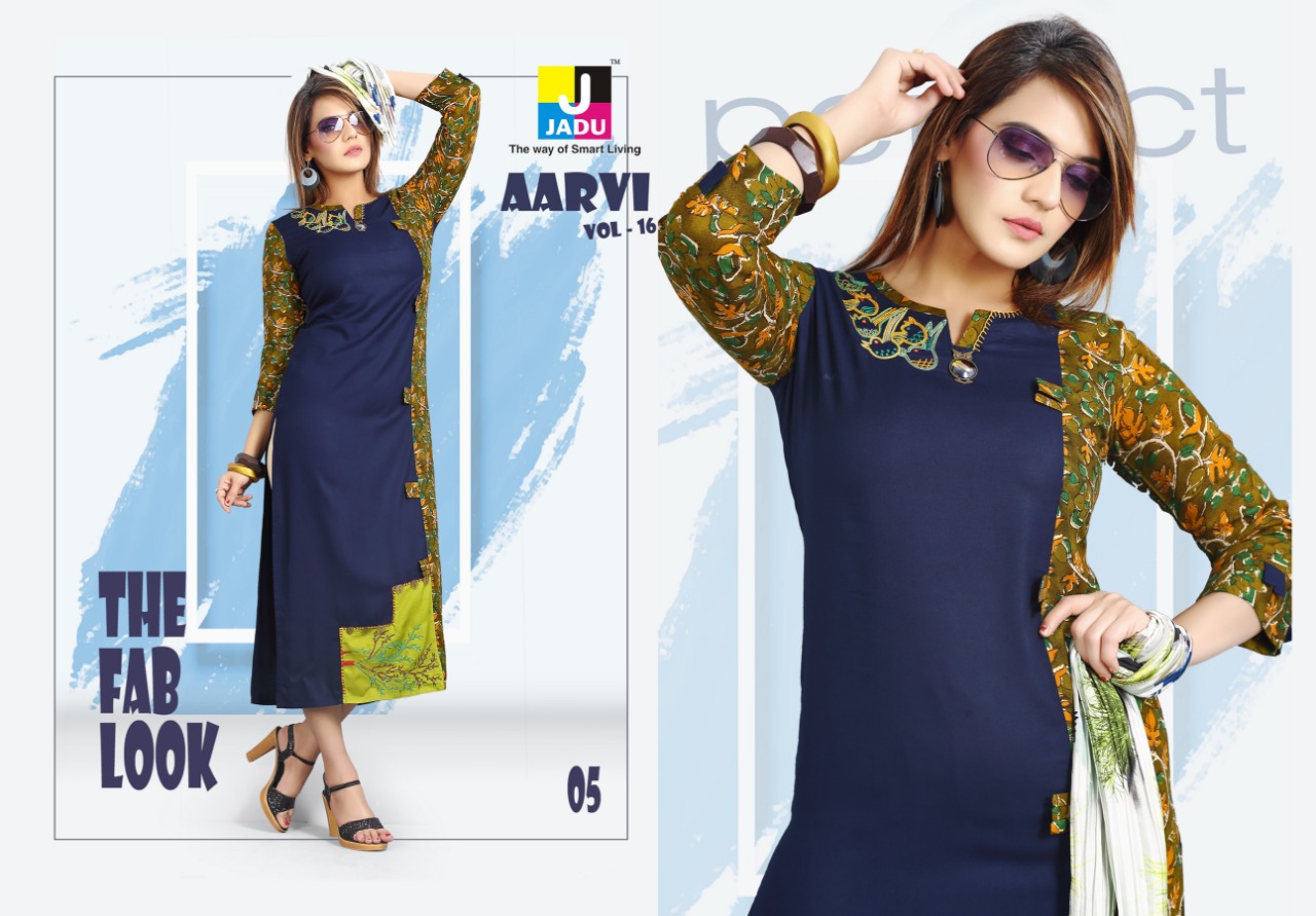 Aarvi Vol-16 By Jadu 01 To 10 Series 01 To 10 Series Beautiful Stylish Colorful Fancy Party Wear & Ethnic Wear & Ready To Wear Rayon Printed Kurtis At Wholesale Price