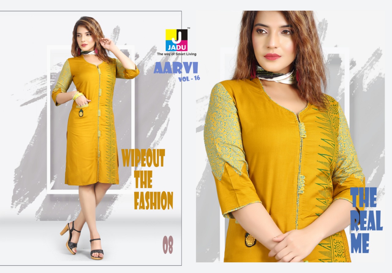 Aarvi Vol-16 By Jadu 01 To 10 Series 01 To 10 Series Beautiful Stylish Colorful Fancy Party Wear & Ethnic Wear & Ready To Wear Rayon Printed Kurtis At Wholesale Price