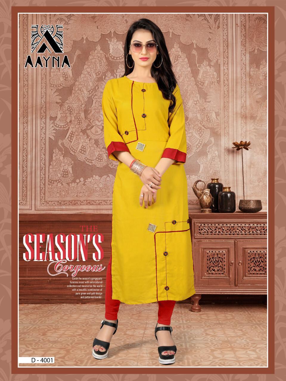 Aayna Vol-4 By Aayna 1001 To 1006 Series Beautiful Colorful Stylish Fancy Casual Wear & Ethnic Wear & Ready To Wear Heavy Rayon Printed Kurtis At Wholesale Price
