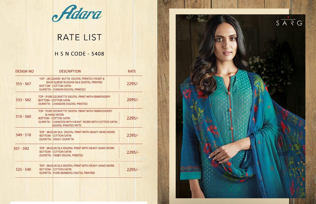 Adara By Sarg Beautiful Designer Collection Suits Stylish Fancy Colorful Party Wear & Ethnic Wear Jacquard/ Georgette/ Muslin Silk Printed Dresses At Wholesale Price