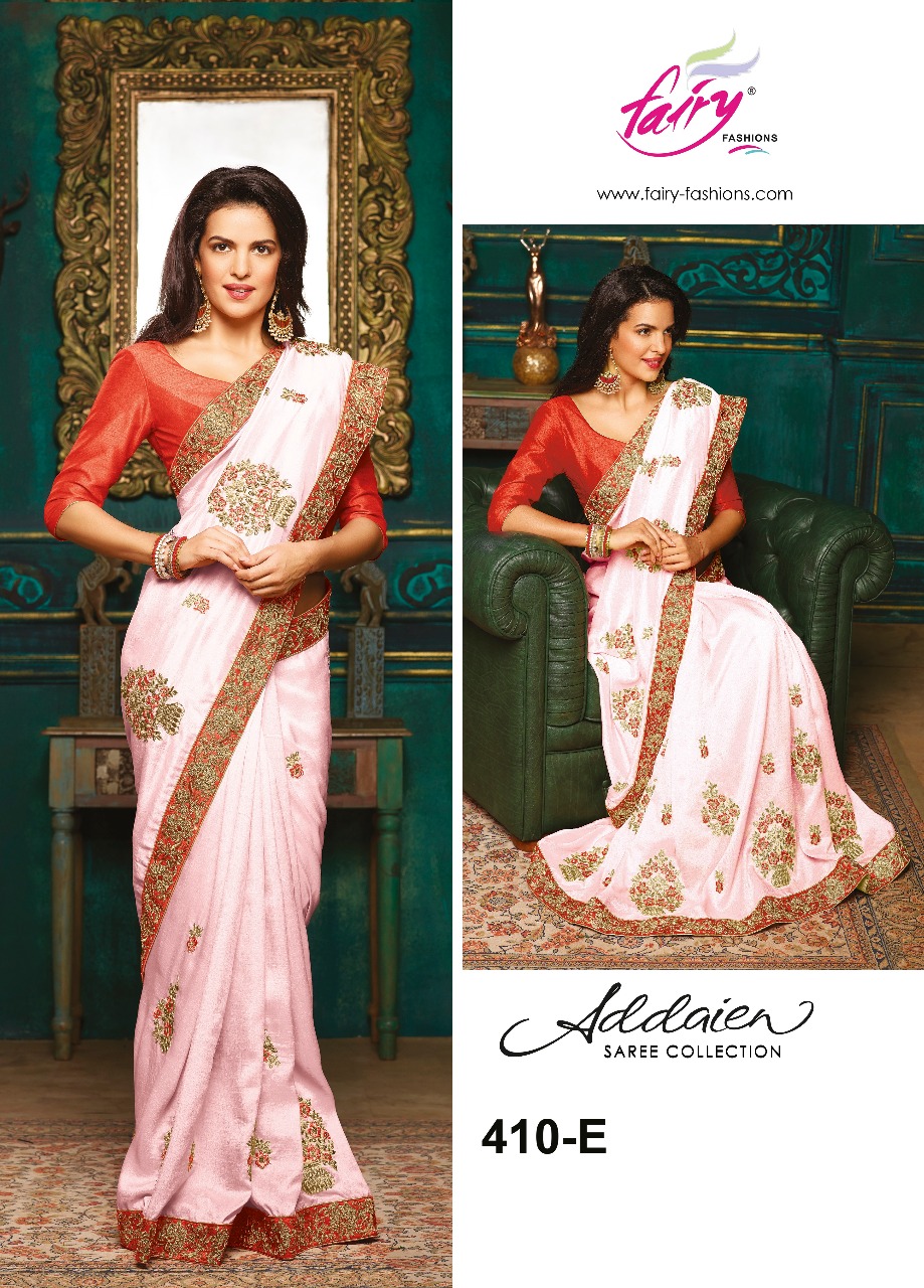 Addaien 410 Colors By Fairy Fashion 410-a To 410-e Series Designer Wedding Collection Beautiful Traditional Wear Colorful Stylish Fancy Party Wear & Occasional Wear Charmeuse Silk Embroidered Sarees At Wholesale Price