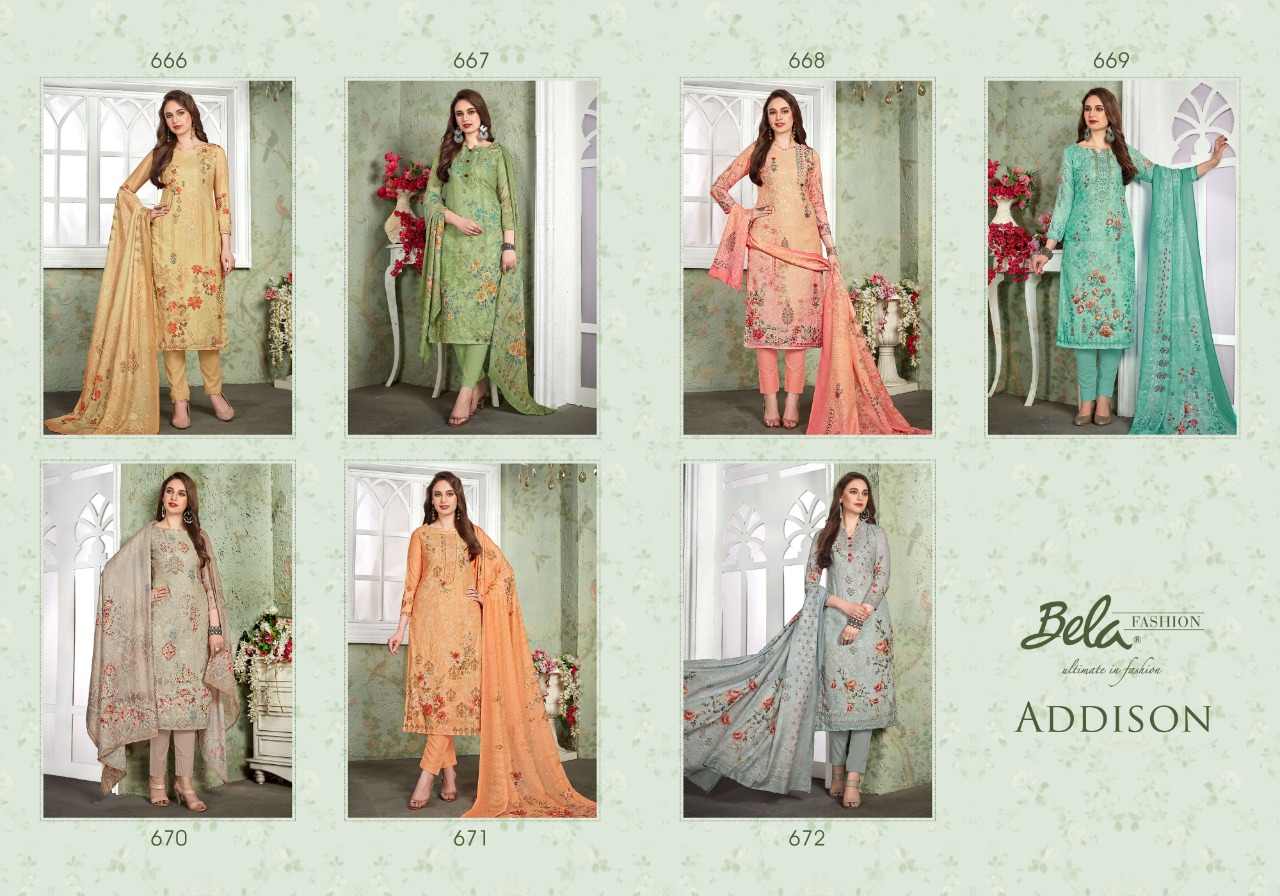 Addison By Bela Fashion 666 To 672 Series Beautiful Suits Collection Beautiful Stylish Fancy Colorful Casual Wear & Ethnic Wear Heavy Muslin Digital Work Dresses At Wholesale Price