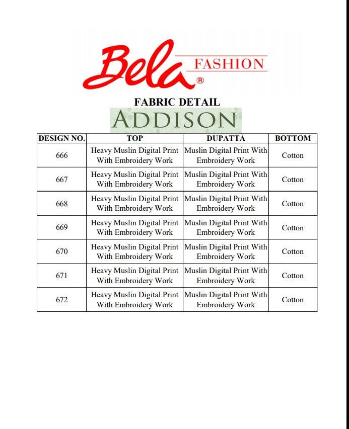 Addison By Bela Fashion 666 To 672 Series Beautiful Suits Collection Beautiful Stylish Fancy Colorful Casual Wear & Ethnic Wear Heavy Muslin Digital Work Dresses At Wholesale Price
