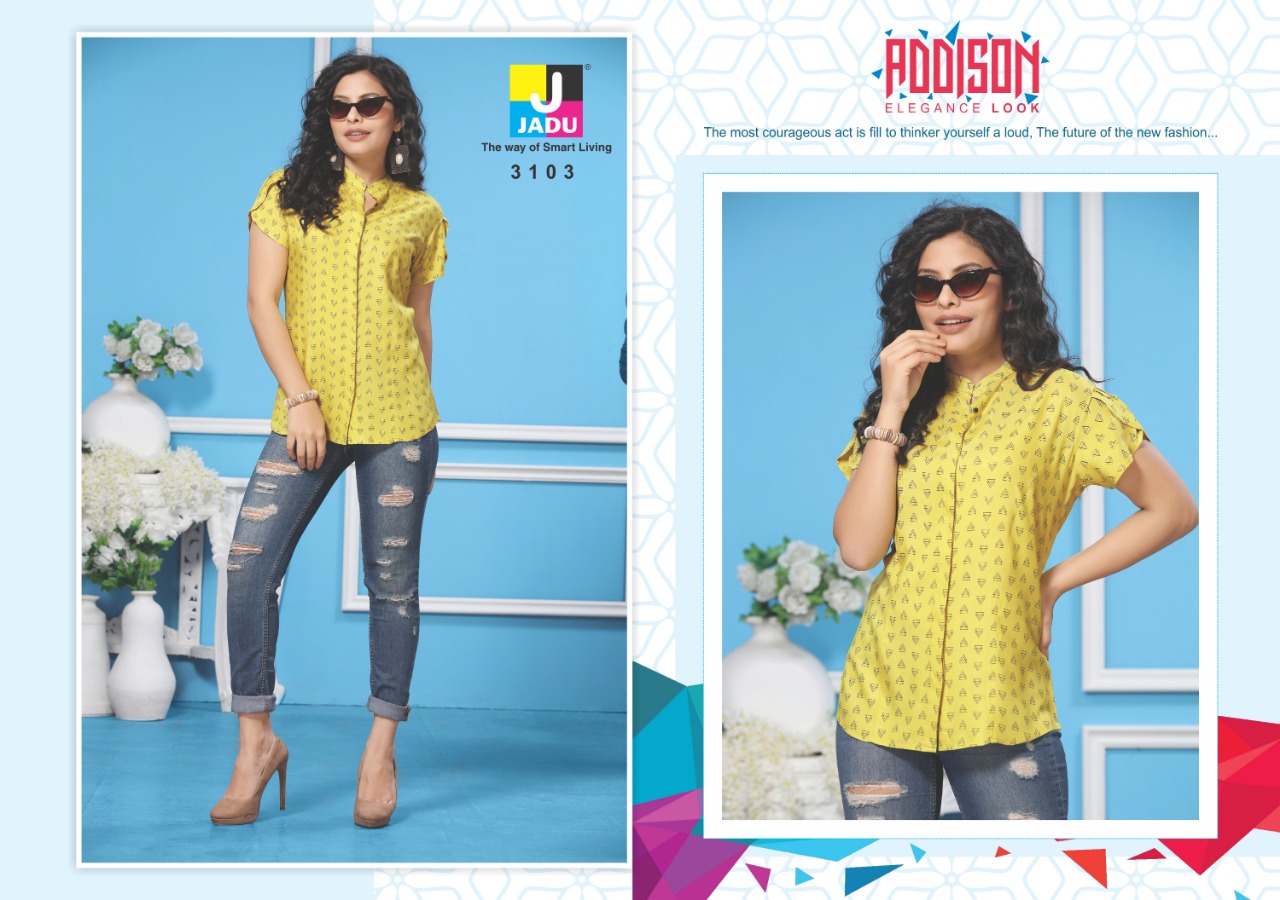 Addison By Jadu 3101 To 3106 Series Beautiful Colorful Stylish Fancy Casual Wear & Ethnic Wear & Ready To Wear Exports Quality Rayon Tops At Wholesale Price