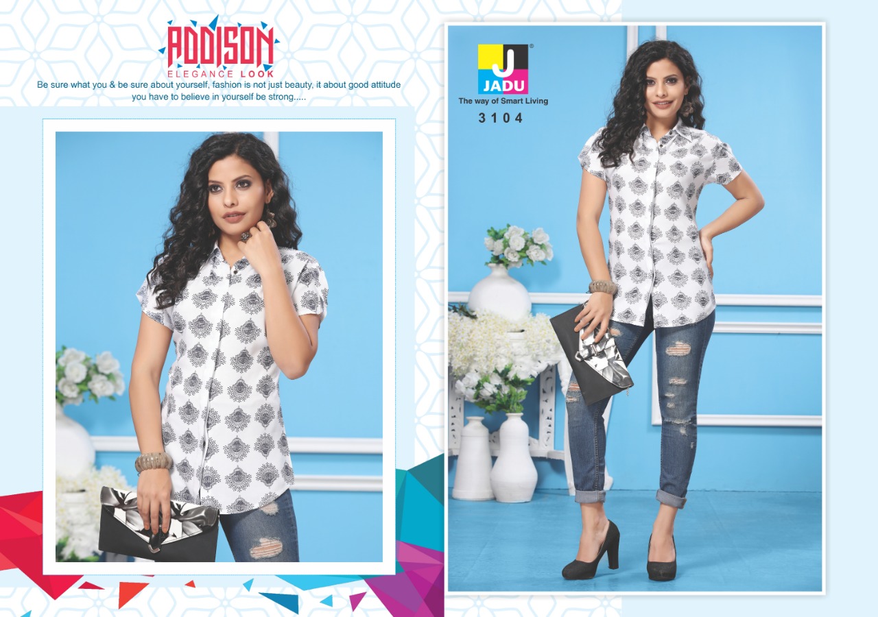 Addison By Jadu 3101 To 3106 Series Beautiful Colorful Stylish Fancy Casual Wear & Ethnic Wear & Ready To Wear Exports Quality Rayon Tops At Wholesale Price